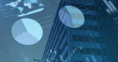 Yüksek binaya karşı istatistiksel veri işlemenin birleşik görüntüsü. iş teknolojisi ve küresel finans kavramı