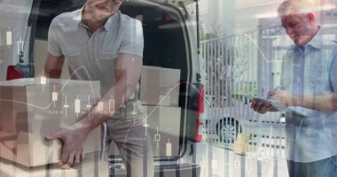 Minibüsün yanındaki teslimatçı ve müşteri üzerinden istatistik ve mali veri işleme görüntüsü. küresel gönderim, dağıtım, iş, veri işleme ve teknoloji konsepti dijital olarak oluşturuldu.