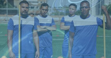 Askerler yerine çeşitli erkek askerler üzerinde ABD bayrağı. Sayısal olarak üretilen covid pandemik konsept sırasında küresel sağlık tedbirleri.