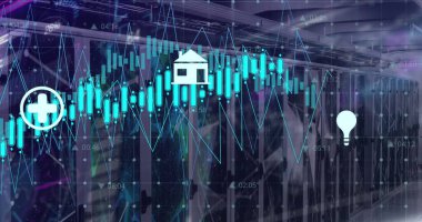 Bilgisayar sunucuları üzerinden finansal veri işleme resmi. Küresel iş, finans, hesaplama ve veri işleme kavramı dijital olarak oluşturulmuş görüntü.