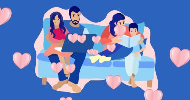 Dizüstü bilgisayar kullanan, mavi arkaplanda simgeler ve kalpler okuyan bir aile resmi. Ulusal evlat edinme günü ve dijital olarak üretilen görüntü konsepti.