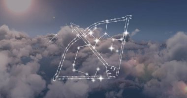 Arka planda gökyüzündeki bulutların üzerinde yay burcu resmi. Astroloji, yıldız falı ve zodyak konsepti dijital olarak oluşturuldu.