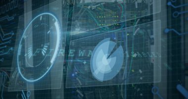 Bilgisayar sunucusundaki kablolar üzerinden tarama ve veri işleme görüntüsü. küresel hesaplama ve veri işleme kavramı dijital olarak oluşturulmuş resim.