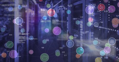 Image of network of digital icons and data processing over computer servers. global connections and digital interface concept digitally generated image.