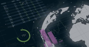 Siyah arkaplan üzerinde çok renkli bilgi arayüzü ve dönen dünyanın görüntüsü. Dijital olarak üretilmiş, hologram, illüstrasyon, küreselleşme, rapor, büyüme, ilerleme ve iş konsepti.