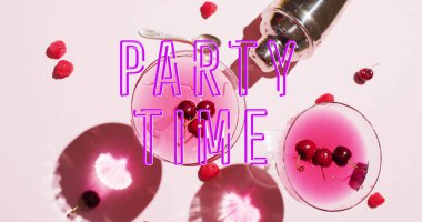 Image of party time neon text and cocktails on white background. Party, drink, entertainment and celebration concept digitally generated image. clipart