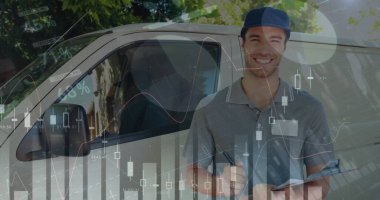 Teslimatçı ve minibüsün istatistik ve mali veri işleme görüntüsü. küresel gönderim, dağıtım, iş, veri işleme ve teknoloji konsepti dijital olarak oluşturuldu.