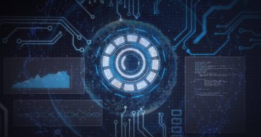 Devre levhası elementleriyle ekranlarda tarama ve veri işleme alanının görüntüsü. küresel bağlantılar, teknoloji ve dijital arayüz kavramı dijital olarak oluşturulmuş görüntü.