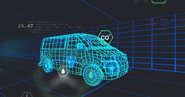 3D Van Modeli üzerinde birden fazla dijital simge tünelde pürüzsüz bir şekilde hareket ediyor. Otomobil mühendisliği ve sürdürülebilir enerji kavramı