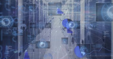 Sunucu odasında matematiksel denklemlerin ve veri işlemenin resmi. Küresel teknoloji, bilgisayar ve dijital arayüz kavramı dijital olarak oluşturulmuş görüntü.