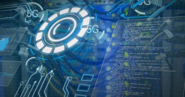 Sunucuların üzerinde 5G ve işleme çemberlerinin resmi. ağ, iletişim, veri işleme ve teknoloji konsepti dijital olarak oluşturulmuş görüntü.