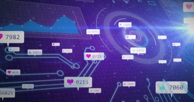 Veri işleme ve kapsam taraması üzerindeki afişler üzerindeki sosyal medya simgelerinin resmi. küresel iletişim, dijital arayüz ve teknoloji konsepti dijital olarak oluşturulmuş görüntü.