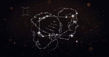 Arka planda duman bulutları üzerinde ikiz yıldız işareti. Astroloji, yıldız falı ve zodyak konsepti dijital olarak oluşturuldu.