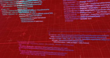 Kırmızı arkaplan üzerinde veri işleme resmi. Küresel iş, finans ve veri işleme kavramı dijital olarak oluşturulmuş görüntü.