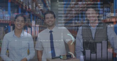 Depoda çalışanların mali veri işleme görüntüsü. küresel sevkiyat, dağıtım ve bağlantılar konsepti dijital olarak oluşturuldu.