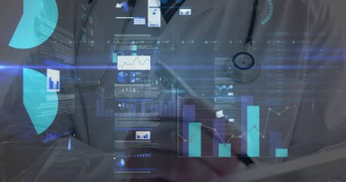 Kafkas erkek doktor yazıları üzerinden finansal verilerin görüntüsü. finans, ekonomi, tıp, sağlık ve teknoloji konsepti dijital olarak oluşturulmuş görüntü.