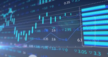 Mavi arkaplanda veri işleme resmi. küresel iş ve dijital arayüz kavramı dijital olarak oluşturulmuş görüntü.