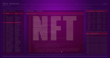 Nft text banner against computer interface with data processing against purple background. cryptocurrency and art technology concept clipart