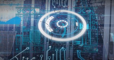 Sunucu odasında veri işleme resmi. küresel iş ve dijital arayüz kavramı dijital olarak oluşturulmuş görüntü.