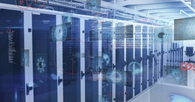 Sunucu odasında veri işleme resmi. küresel iş ve dijital arayüz kavramı dijital olarak oluşturulmuş görüntü.