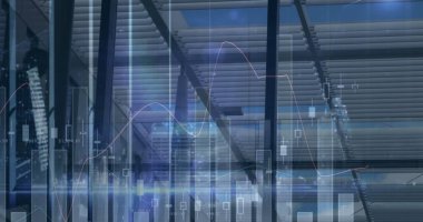 Yoğun ofis üzerinden finansal veri işleme resmi. iş, dijital arayüz ve veri işleme kavramı dijital olarak oluşturulmuş görüntü.