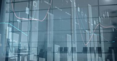 İstatistiksel veri işlemenin birleşik görüntüsüyle ofiste yürüyen insanların zaman atlaması. iş ve teknoloji kavramı