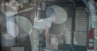 Teslimatçı ve minibüsün istatistik ve mali veri işleme görüntüsü. küresel gönderim, dağıtım, iş, veri işleme ve teknoloji konsepti dijital olarak oluşturuldu.