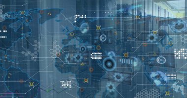 Bilgisayar sunucu odasındaki grafik ve grafikler üzerinde dünya haritası ve veri işleme resmi. Küresel iletişim, iş, veri ve dijital arayüz kavramı dijital olarak oluşturulmuş görüntü.