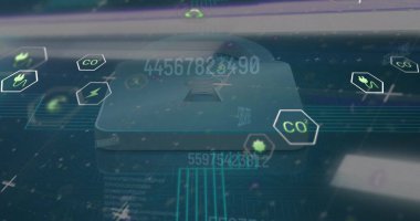 Asma kilit üzerinde veri işleme ve ekoloji simgeleri. Küresel iş ve dijital arayüz kavramı dijital olarak oluşturulmuş görüntü.