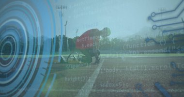 Engelli Afro-Amerikan erkek koşucunun veri işleme görüntüsü. Küresel spor ve dijital arayüz kavramı dijital olarak oluşturulmuş görüntü.