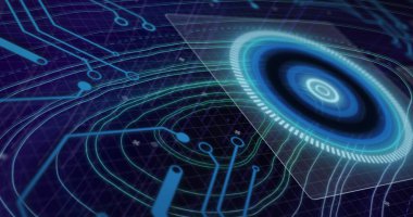 Kapsam taraması ile veri işleme resmi ve siyah arkaplan üzerindeki çizgiler. Küresel teknoloji, bilgisayar ve dijital arayüz kavramı dijital olarak oluşturulmuş görüntü.