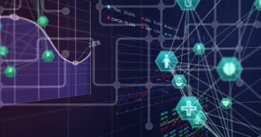 Simgeler ve finansal veri işleme ile bağlantılı dünya görüntüsü. Küresel hesaplama, iş, finans ve veri işleme kavramı dijital olarak oluşturulmuş görüntü.