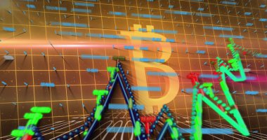 Siyah arka planda Bitcoin sembolü üzerinde finansal veri işleme resmi. Küresel iş, finans ve dijital arayüz kavramı dijital olarak oluşturulmuş görüntü.