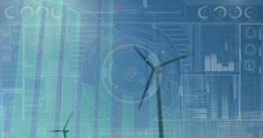 Rüzgar türbinlerinin üzerindeki dijital ekrandaki grafik ve verilerin resmi. Çevreci enerji, ekonomi gücü ve ekolojik farkındalık kavramı dijital olarak oluşturuldu.