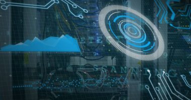 Kara arka planda borsada tarama ve veri işleme görüntüsü. Dijital arayüz teknolojisi ve ağ konsepti dijital olarak oluşturuldu.