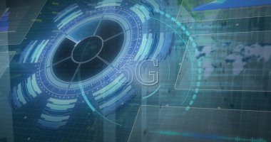 Veri işleme görüntüsü ve bilgisayar kablolarında 5G. ağ, iletişim, veri işleme ve teknoloji konsepti dijital olarak oluşturulmuş görüntü.