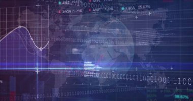 Mavi arkaplanda veri işleme ve küre resmi. küresel iş ve dijital arayüz kavramı dijital olarak oluşturulmuş görüntü.