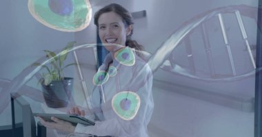 Kafkas kadın doktor üzerinde DNA ipliği ve veri işleme görüntüsü. Küresel tıp, bağlantılar, hesaplama ve veri işleme kavramı dijital olarak oluşturulmuş görüntü.