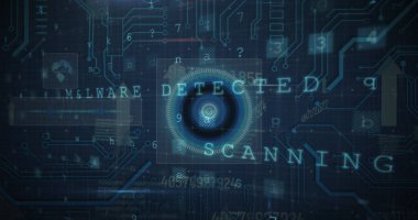 Siyah arkaplanda tarama ve veri işleme görüntüsü. Küresel teknoloji, bilgisayar ve dijital arayüz kavramı dijital olarak oluşturulmuş görüntü.