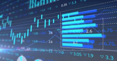 Mavi arkaplanda veri işleme resmi. küresel iş ve dijital arayüz kavramı dijital olarak oluşturulmuş görüntü.