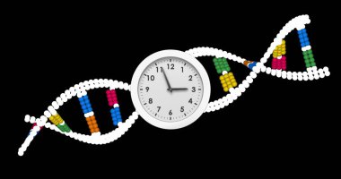 Image of clock moving over dna strand on black background. Global science and digital interface concept digitally generated image. clipart