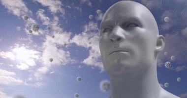 Beyaz bulutlu, gökyüzünde yüzen dev virüs modelleri olan dijital bir insan kafası. Coronavirus Covid-19 pandemik konsept dijital bileşik.