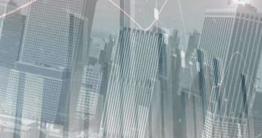 Tepetaklak olmuş yüksek binalara karşı dünya haritasında istatistiksel veri işleme görüntüsü. İş veri teknolojisi kavramı