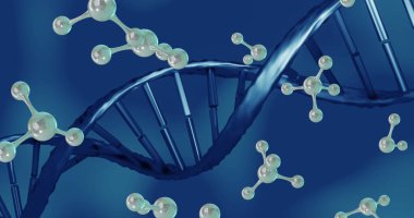 Mavi arkaplanda 3 boyutlu molekül ve DNA iplikçiklerinin görüntüsü. Küresel bilim, araştırma ve bağlantılar konsepti dijital olarak oluşturulmuş görüntü.