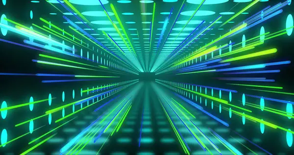 Bild Blått Och Grönt Neon Ljusspår Digital Tunnel Fläckar Över — Stockfoto