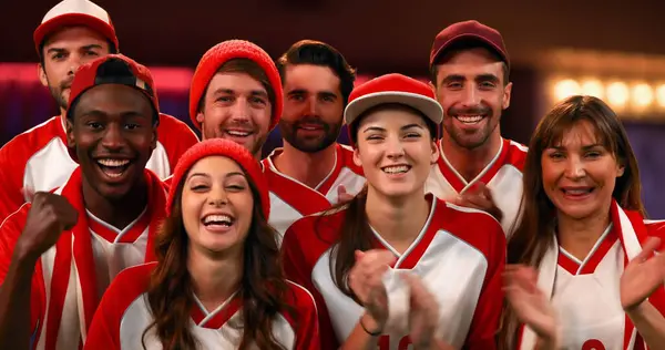 Front View Group Fans Wearing Red White Jerseys Cheering — Stock Photo, Image