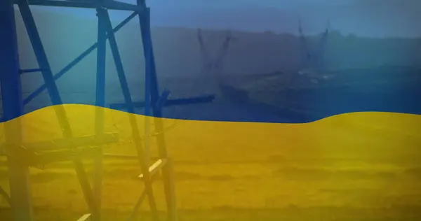 Image Flag Ukraine Field Electricity Poles Ukraine Crisis Economic Energetic — Stock Photo, Image