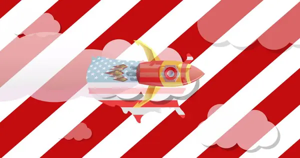 火箭飞越白色和红色条纹的图像 美国地图和美洲大陆的自由文字 总统日 独立日与美国爱国主义概念数码生成的形象 — 图库照片