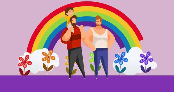 Image Male Gay Couple Child Rainbow Purple Background Pride Month — Stock Photo, Image