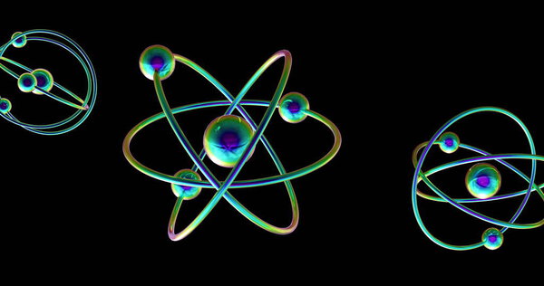Image of atom models spinning on black background. Global science, research, connections, computing and data processing concept digitally generated image.